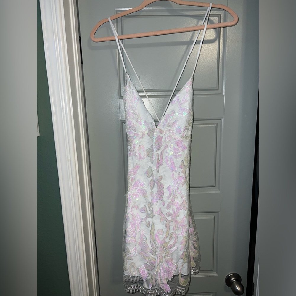 Clarabelle Iridescent Sequin Lace Dress in White